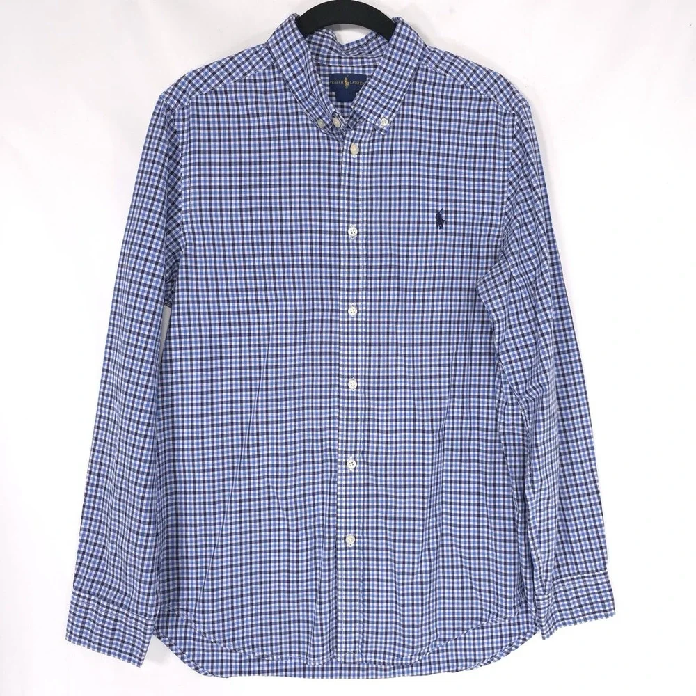 RALPH LAUREN Boys Shirt XL‎ 18-20 Long Sleeve Multicolor Plaid Blue Check Cotton